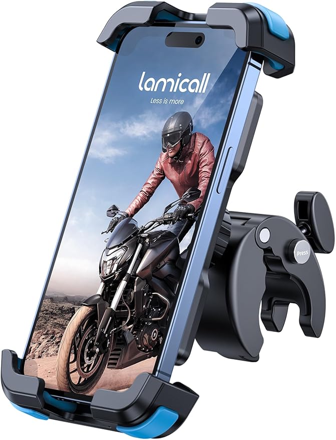 Lamicall Motorcycle Bike Phone Mount - Upgrade Quick Install Handlebar Holder Clip for Bicycle Scooter, Cell Phone Clamp for iPhone 15 14 13 Pro Max, Galaxy S24 and More 4.7-6.8" Phone, Blue