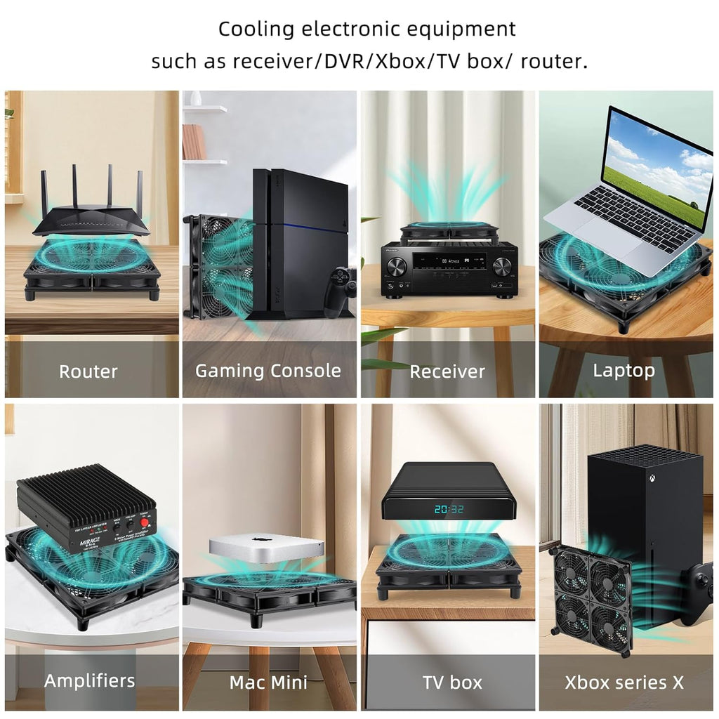 Wathai 120mm x 4 Router TV Box Fan 110v - 240v Big Airflow with Speed Control for DIY Gaming Consoles, Amplifiers, Xbox, Laptop Stand, Mining Machines Devices Cooling