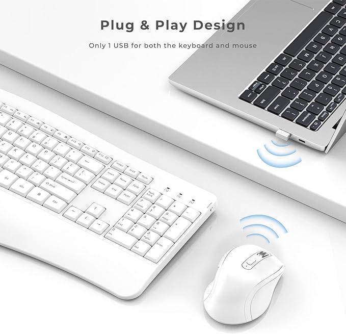 Ergonomic Keyboard and Mouse Combo - Full Size Keyboard Cordless with Palm Wrist Rest Ergonomic Mouse Wireless for Windows Computers Laptops - White(Upgrade)