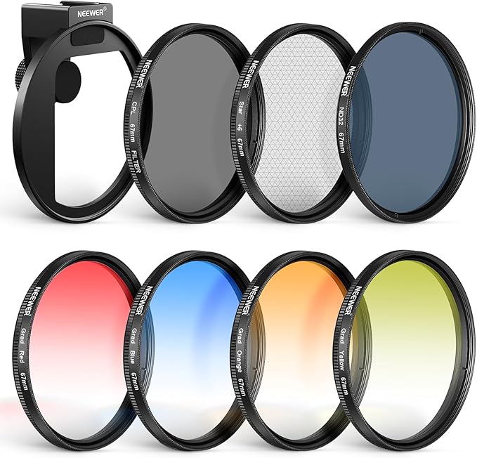 NEEWER Clip On 67mm Phone ND Filter Kit, Upgraded Lens Clip Cold Shoe Mount/Locking Knob, CPL/ND32/6 Point Star/4 Graduated Color Filter Compatible with iPhone 16 15 Pro Max Plus 14 13 Samsung S23 S24