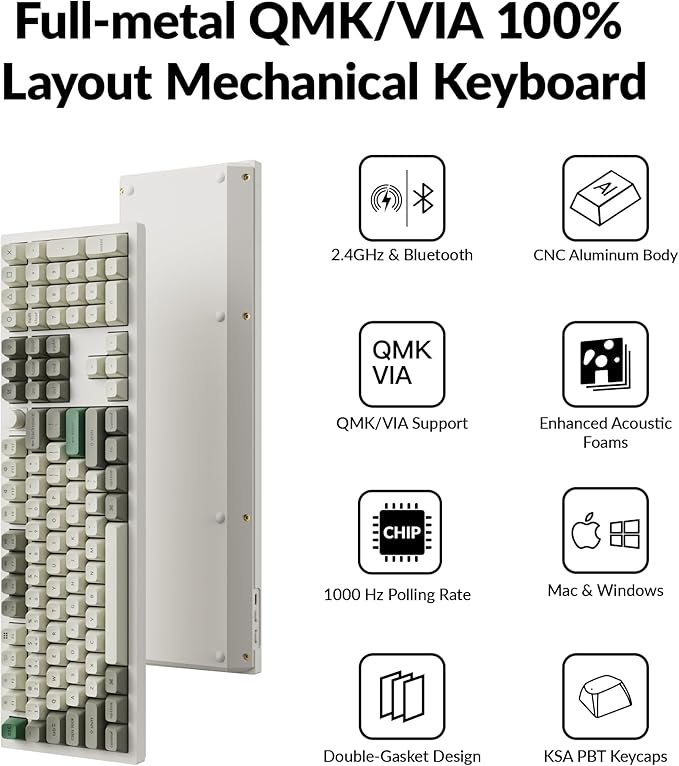 Keychron Q6 Max QMK/VIA Bluetooth Wireless /2.4 GHz/USB-C Wired Custom Mechanical Keyboard, Full Size Programmable Knob RGB Backlit Hot-Swappable Gateron Red Switch for Mac Windows Linux - White