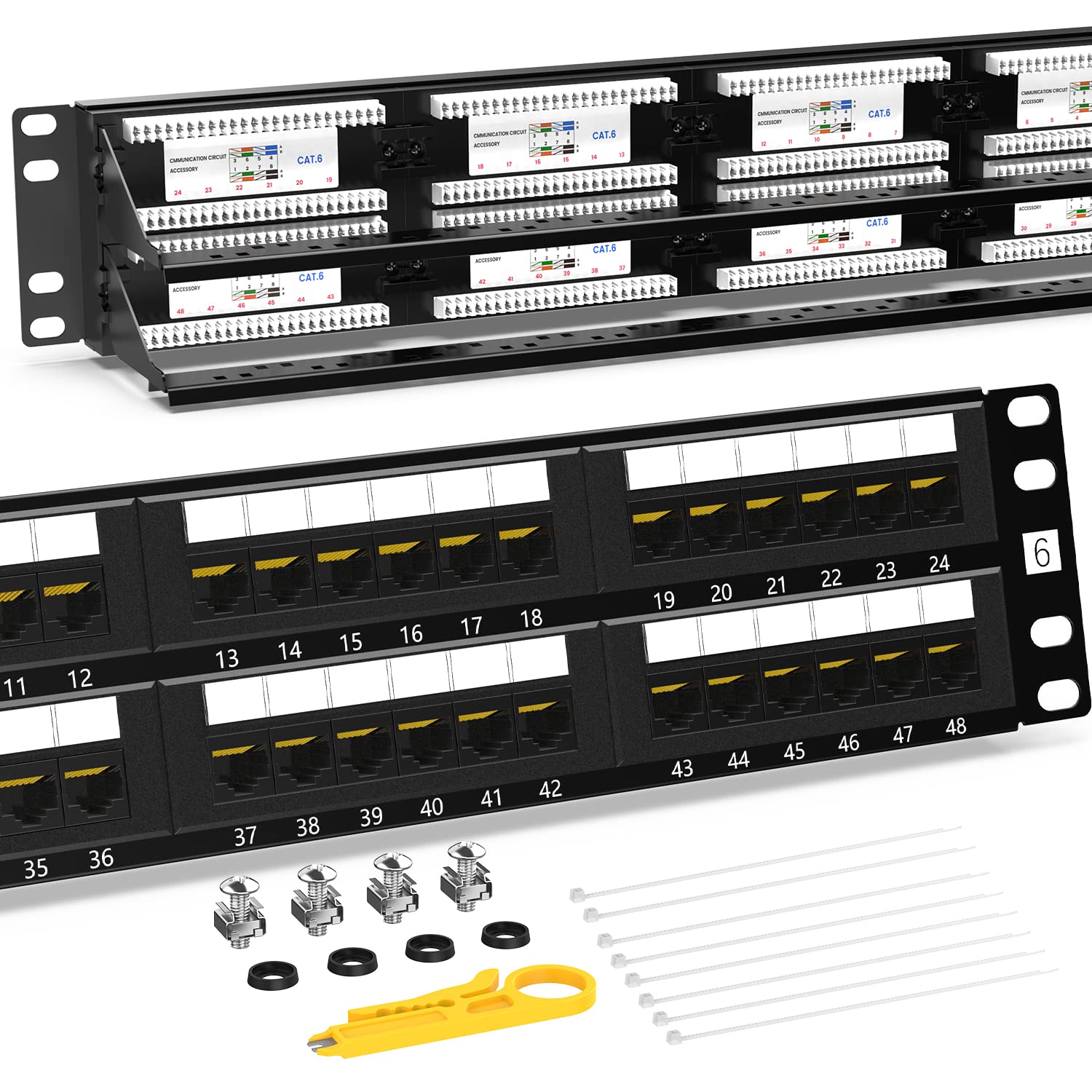 AMPCOM Premium Series CAT6 48 Ports Patch Panel, Rack Mount - 2U, 19 inch, RJ45 Ethernet 568A 568B, 15u Gold Plated, with Rear Cable Support Bar