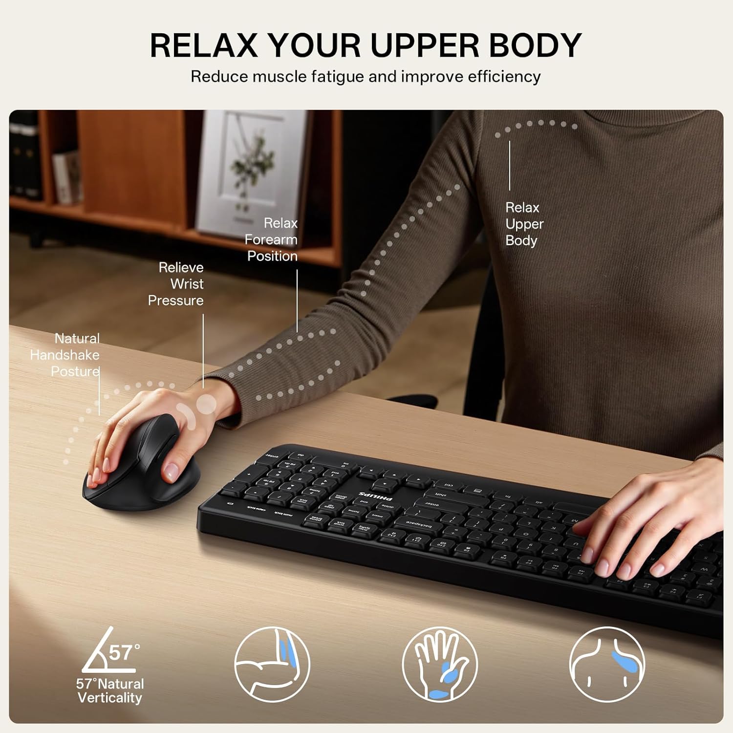 PHILIPS Ergonomic Mouse - Vertical Mouse with 800/1200/1600 Adjustable DPI, 6 Silent Buttons Design for S/M Hands, Auto Power Saving,Light Weight, 2.4GHz Wireless Mouse for Laptop, Desktop, PC-Black