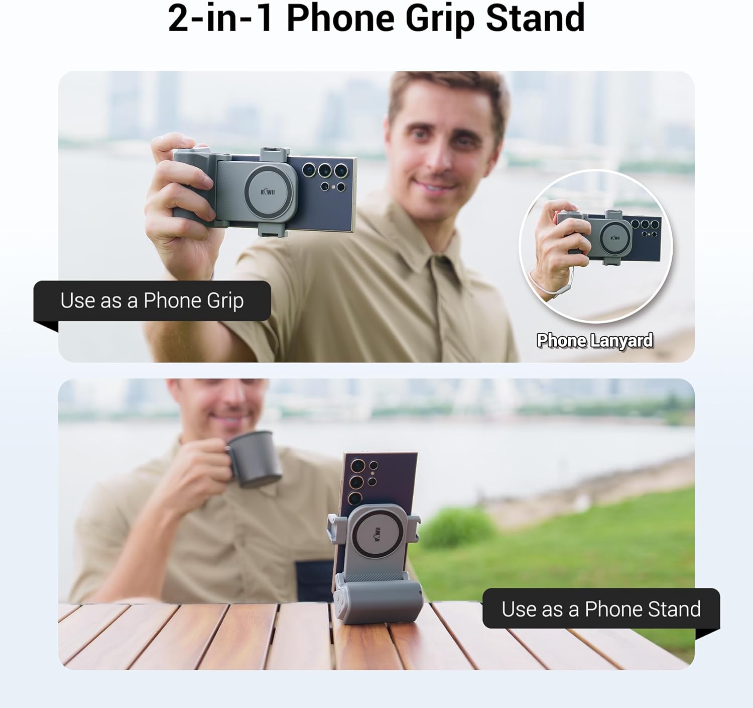 KIWIFOTOS Universal Phone Camera Grip Phone Tripod Mount with Remote Control & Cold Shoe Adapter for iPhone 16 15 Pro Max Samsung S24 S23 S25 Camera Holder Selfie Vlog Video Shooting (Gray)