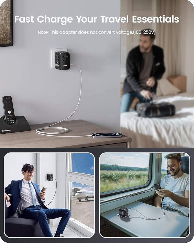 LENCENT 65W GaN International Travel Adapter with 2 USB-A & 3 Type C Ports, Fast Charger for Phones & Laptops, Worldwide Plug Adapter for USA/UK/EU/AUS, Black