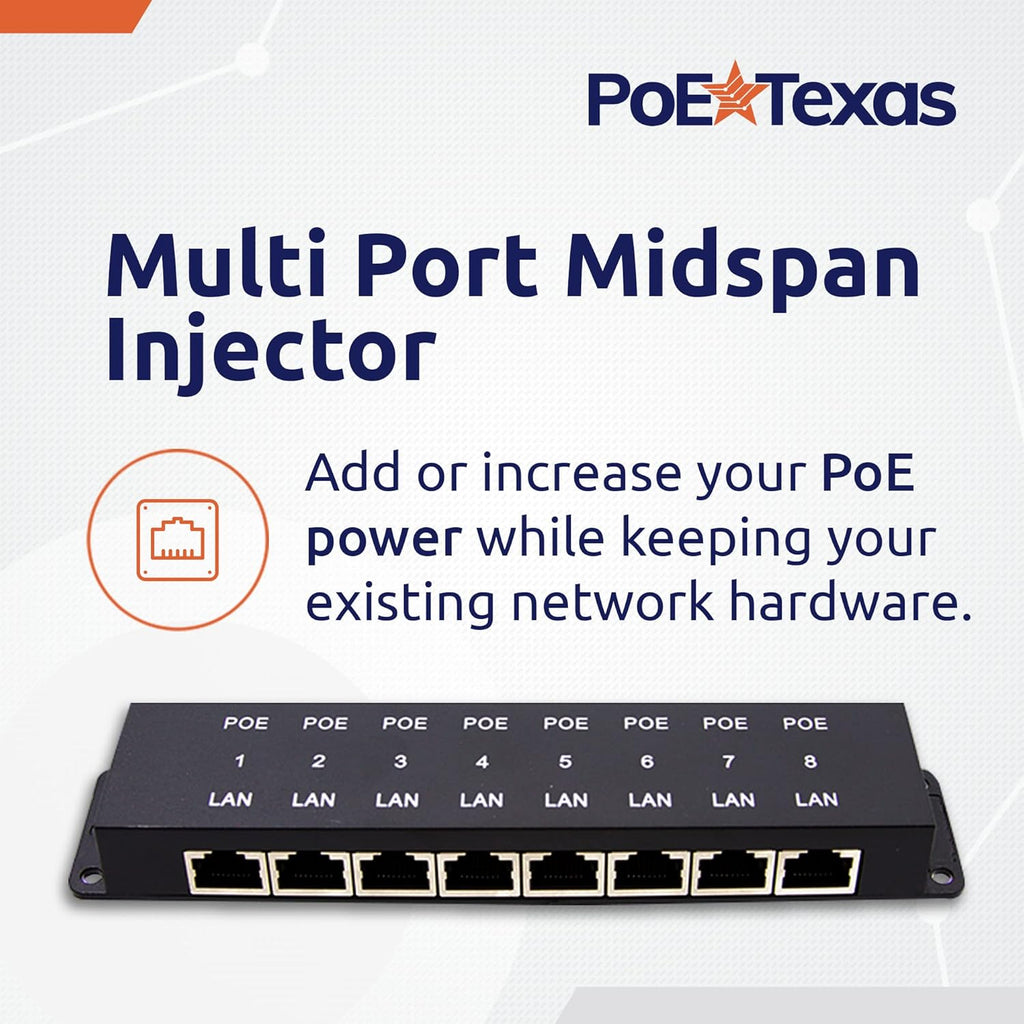 PoE Texas 8 Port Injector - 10/100 Passive Power Over Ethernet With 48V 60W UL Power Supply - 802.3af for VoIP Phones, WiFi Access Points, IP Cameras - Add to A Non-PoE Switch