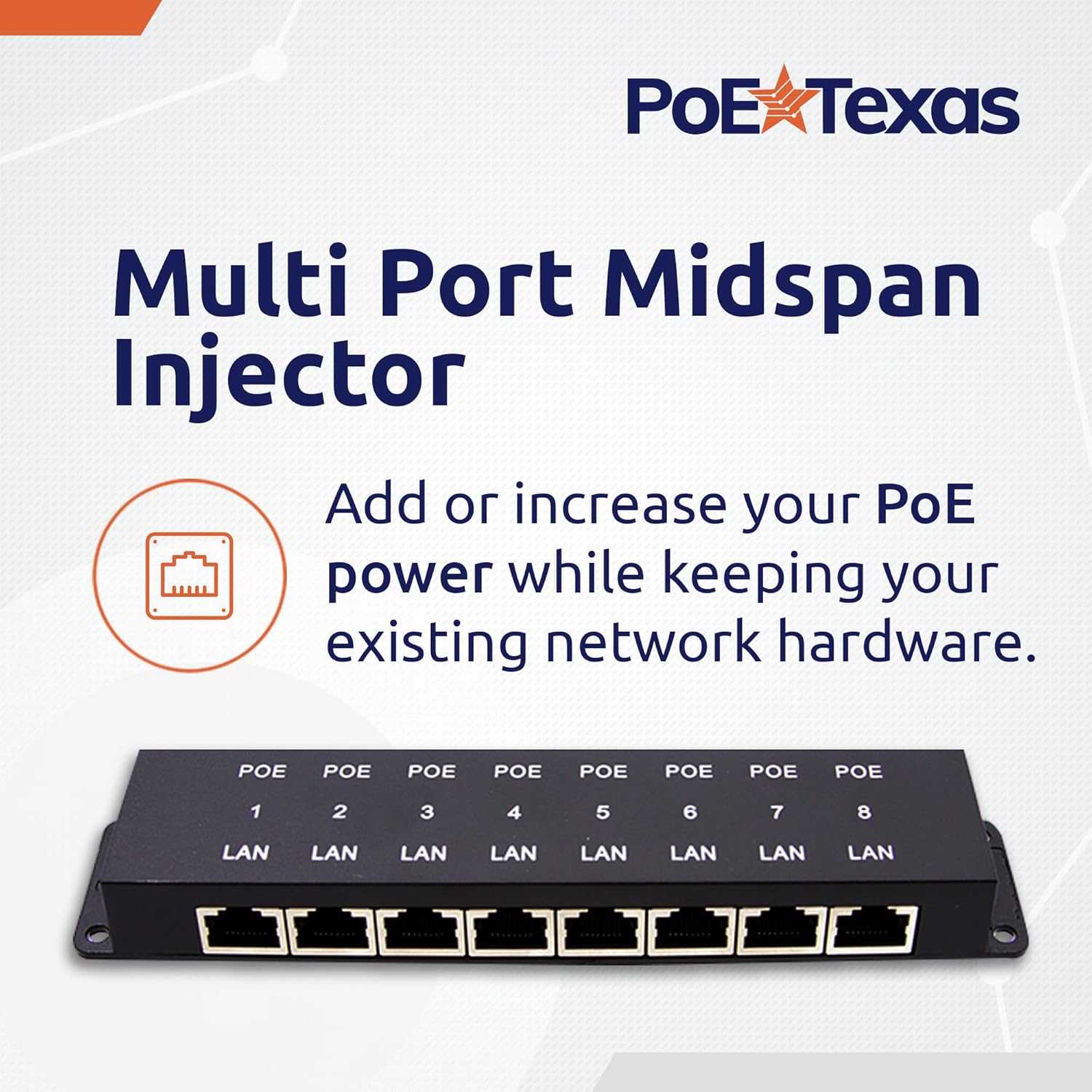 PoE Texas 8 Port Injector - 10/100 Passive Power Over Ethernet With 48V 60W UL Power Supply - 802.3af for VoIP Phones, WiFi Access Points, IP Cameras - Add to A Non-PoE Switch