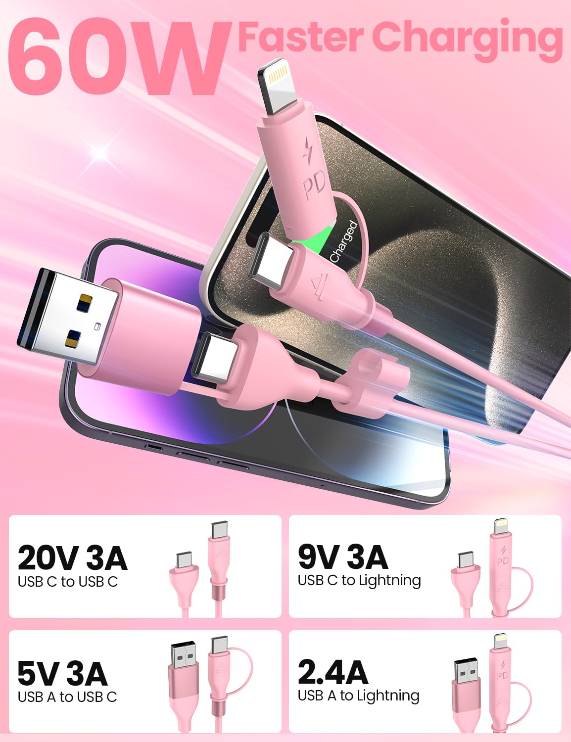 Coiled USB-C and Lightning Cable 2-in-1, 3FT Pink iPhone 15 16 Car Charger Cord, 60W Fast Charging Cable for iPhone 17, Samsung Galaxy, Cute Pink Car Accessories Supports Apple CarPlay & Android Auto