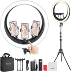 NEEWER RP19H 19" Ring Light with Tripod Stand/3 Phone Holders/Cleaning Cloth Compatible with iPhone, 2.4G Touch Control LED Ringlight for Video Recording Studio Streaming Zoom Selfie Makeup Lighting