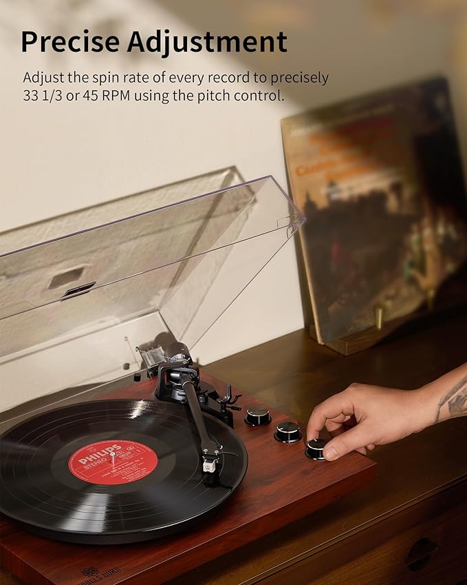 ANGELS HORN Vinyl Record Player Turntable with 2-Speed Belt-Drive, Bluetooth Output, Pitch Control, Built-in Phono Preamp, Adjustable Counterweight, AT-3600L