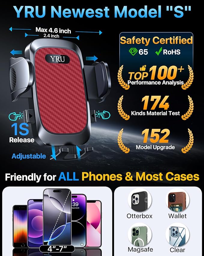 YRU [2025 Ultimate Car Phone Holder [Bendable & Adjustable Aluminum Arm] Cell Phone Automobile Cradles Dashboard Windshield Pickup Truck Phone Mount for iPhone 16 15 14 13 Pro Max Samsung,Tomato Red