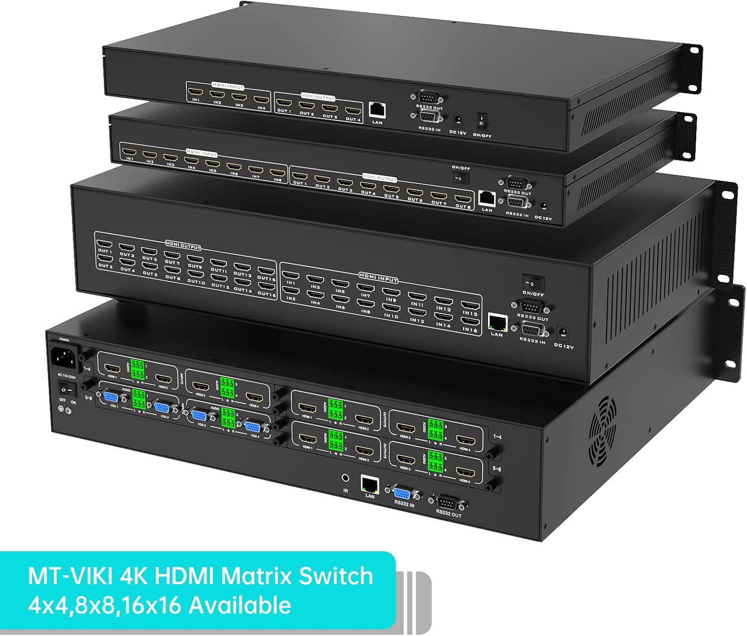 MT-VIKI Upgraded 4K HDMI Matrix Switch 16x16 Support Web GUI w/IR Remote, 4K@30Hz Rack Mount Switcher&Splitter, EDID, RS232, LAN Port, (Built-in US ADI Chip)