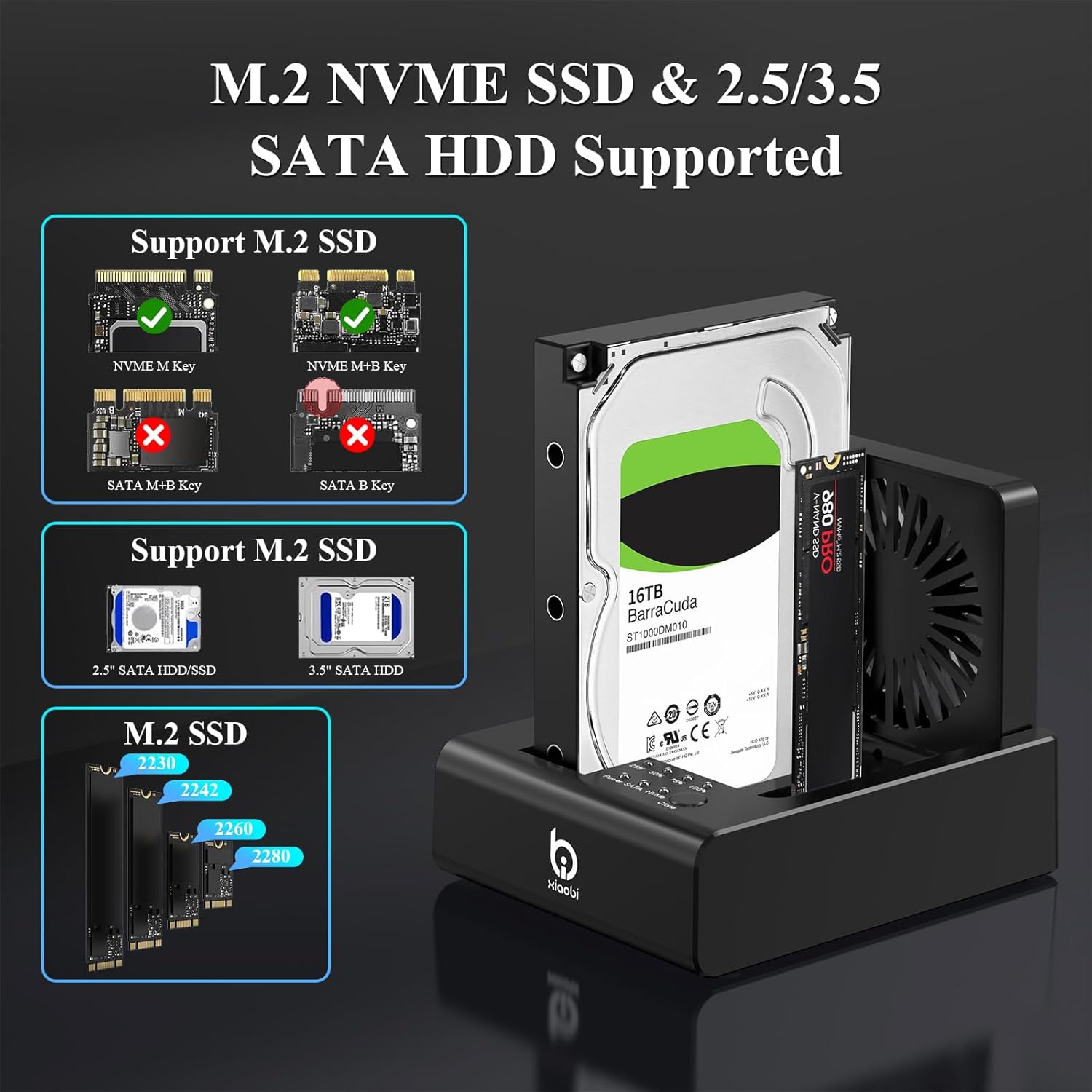 M.2 NVMe & SATA HDD Docking Station,10Gbps USB3.2 Gen2 SSD Cloner for M.2 NVMe SSD + SATA 2.5”/3.5” HDD Converter, Offline Cloning, Tool-Free, Cooling Fan