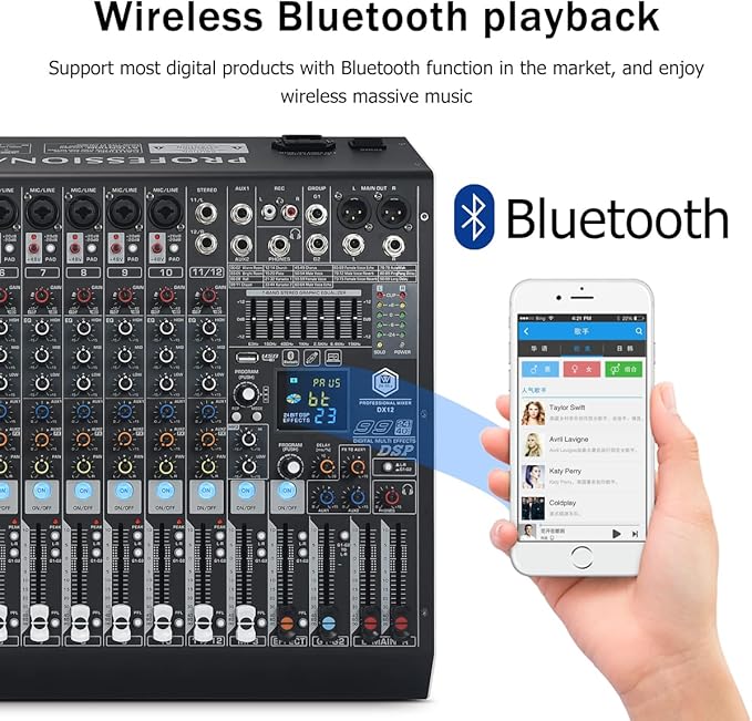 W IN-MIX DX12 Professional DJ Audio Mixer 12 Channel with 99 DSP Effects,7-band EQ,Independent 48V Phantom Power&Mute Button,Bluetooth Function,USB Interface Recording For Studio & Stage