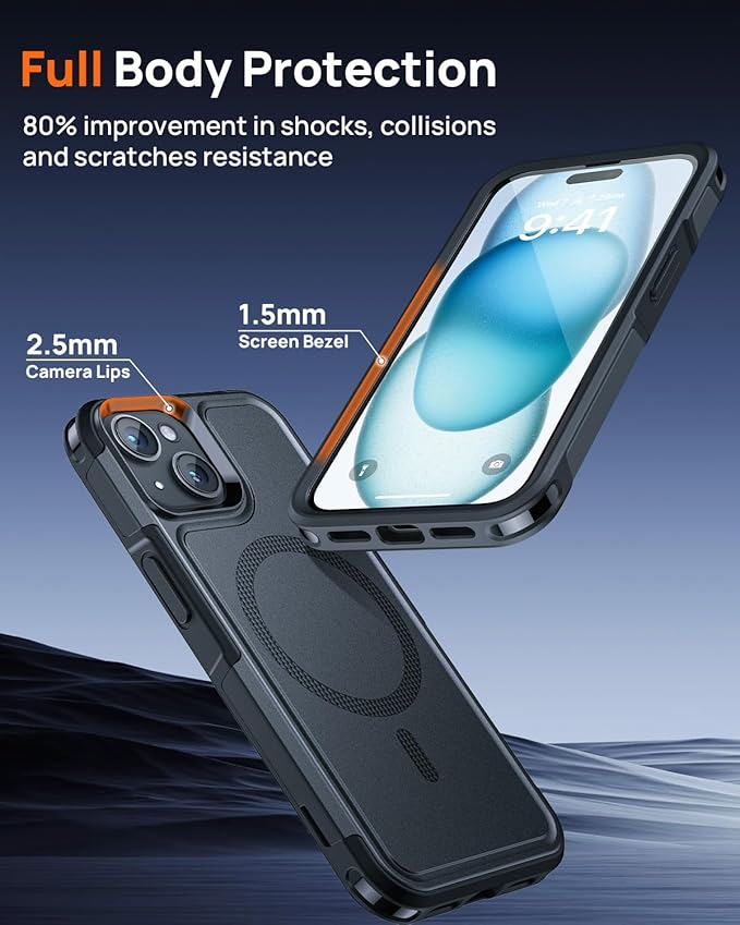 Lanhiem for iPhone 15 Case Magnetic, [2 Pack Tempered Glass Screen Protector][Compatible with MagSafe][10 FT Military Grade Shockproof] Heavy Duty Tough Rugged Phone Cover for iPhone 15 - Black