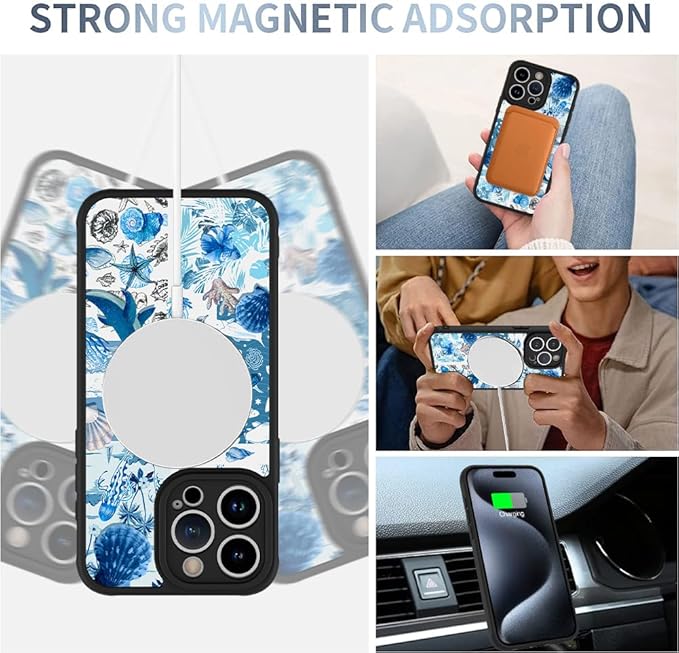 AIGOMARA Case for iPhone 15 Pro [Compatible with MagSafe] Blue Turtle Shell Ocean Collage Pattern Design for Women Girls Men Soft TPU Bumper Hack PC Back Shockproof Protective Slim Magnetic Cover