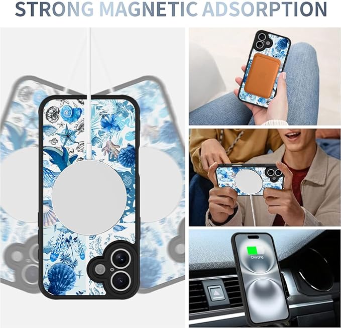 AIGOMARA Case for iPhone 16 Plus [Compatible with MagSafe] Blue Turtle Shell Ocean Collage Pattern Design for Women Girls Men Soft TPU Bumper Hack PC Back Shockproof Protective Slim Magnetic Cover
