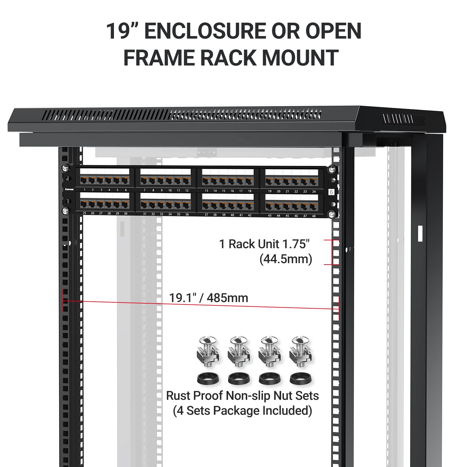 AMPCOM Premium Series CAT6 48 Ports Patch Panel, Rack Mount - 2U, 19 inch, RJ45 Ethernet 568A 568B, 15u Gold Plated, with Rear Cable Support Bar