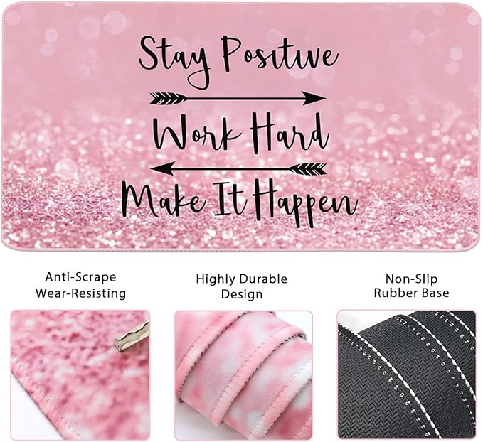Keyboard Mouse Pad Set, Extended Mouse Pad+Keyboard Wrist Rest Support, Memory Foam Ergonomic Easy Typing, 3Pcs (35.4×15.7 in) Desk Pad Set for Home Office Study Game - Pink Stay Positive