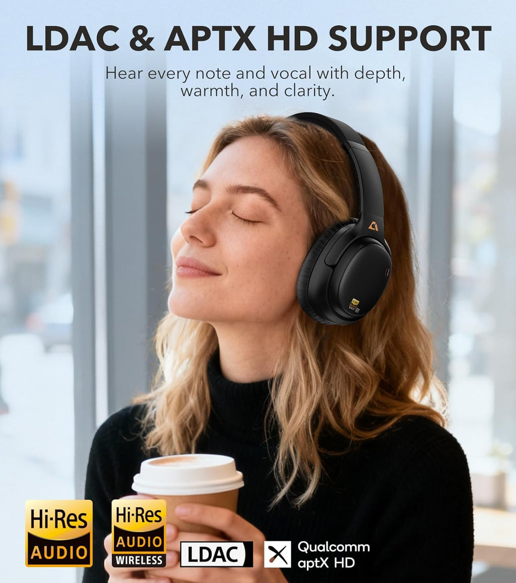 1Mii E700 Wireless Bluetooth Over Ear Headphones with Active Noise Canceling, Hi-Res Audio LDAC/aptX Low Latency for Airplane Travel Overhead Comfort, 54H Playtime, Custom EQ via App - Black