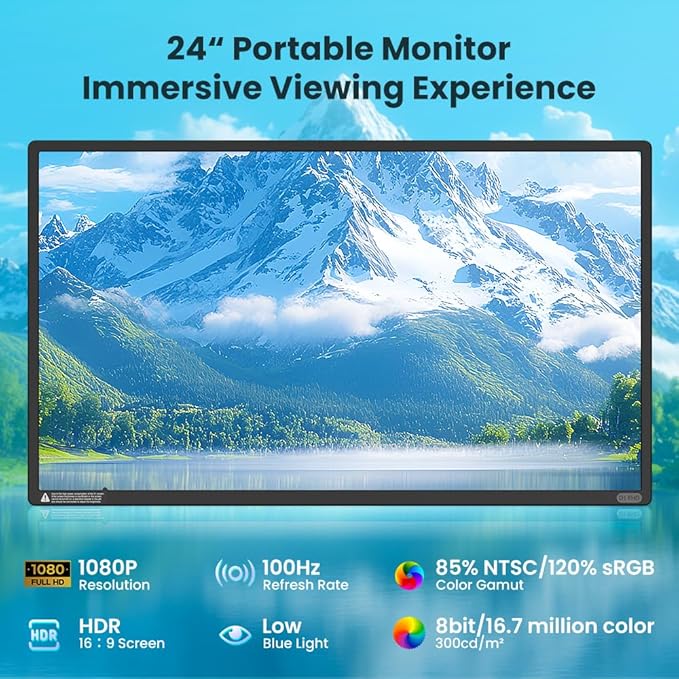 Hyangin 2025 Upgraded 24 Inch Large Portable Monitor for Laptop,1080P FHD 100Hz Portable Screen,120% sRGB IPS Portable Second Monitor with Adjustable Stand for Laptop, MacBook, Phones