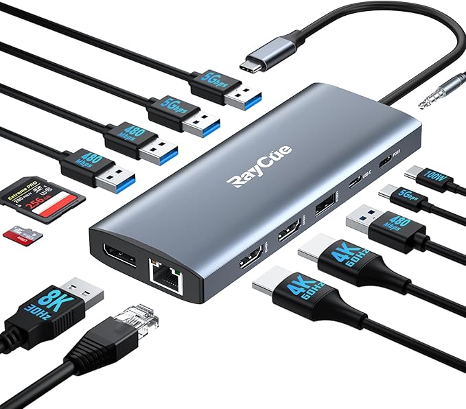 14 in 1 Triple 4K Display USB C Docking Station, Single DisplayPort Up to 8K@30Hz/ 4K@144Hz/ 4k@120Hz, USB C Hub Multiport Adapter Dongle with 2 HDMI, 7 USB Ports, 100W PD, Ethernet, Audio