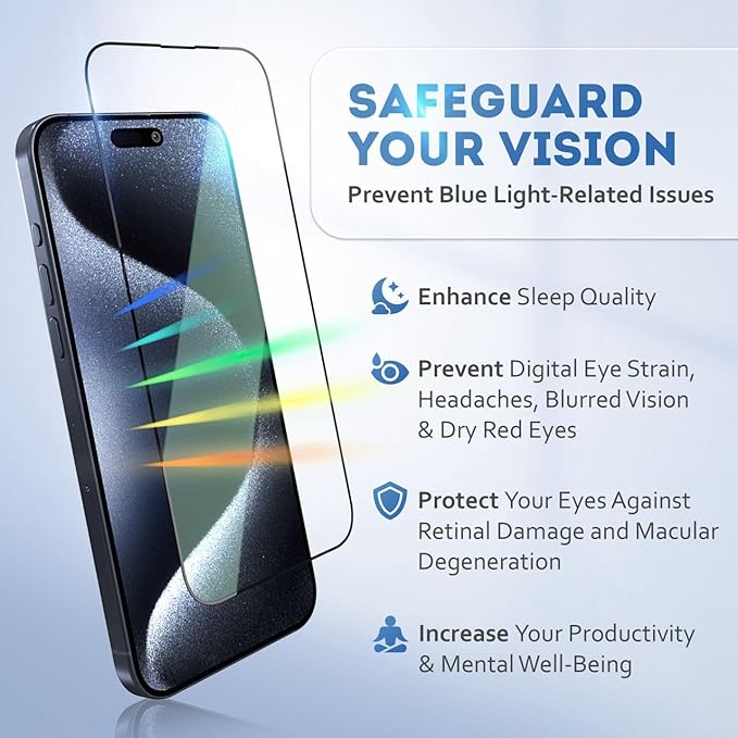 Deppa |2 Pack| Anti-Blue Light Screen Protector for iPhone 16/15 (6.1') | Scratch Resistant Tempered Glass | 3D Edge to Edge Coverage | Easy Installation Kit | Eye Safeguard TÜV Certified