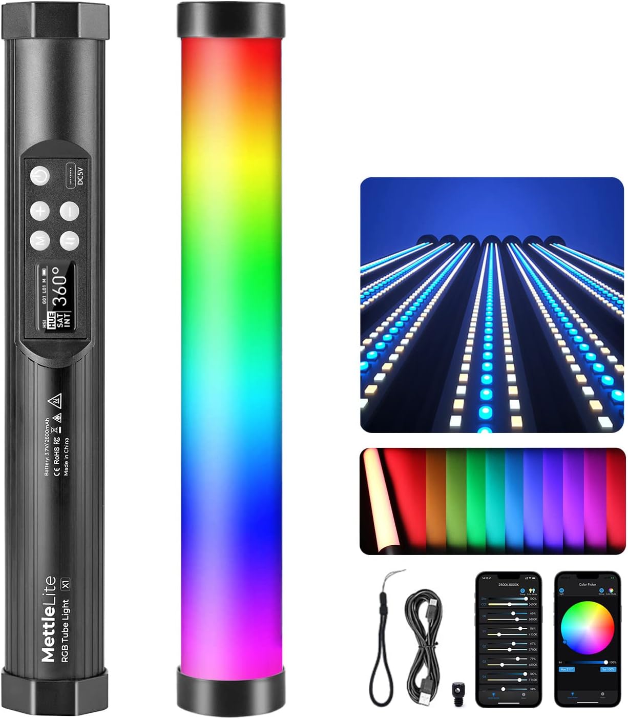 Mettlelite TLX1 RGB Tube Light LED Full Color Portable Video Light with APP Control 2800K-8000K CRI96 TLCI97 360° RGB CCT HSI Mode 10 Customizable Light Effects Rechargeable Battery Magnet Design