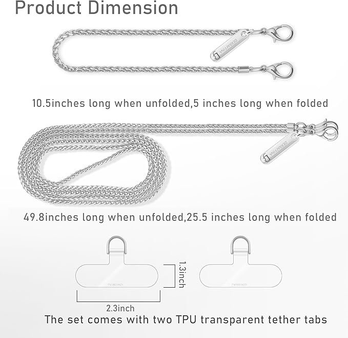 Metal Phone Chain, Crossbody Detachable Phone Lanyard with 1*Wrist Strap & 2* Tether Tabs for iPhone and Smartphones (Silver,Extend)