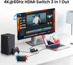 NEWCARE HDMI Switch 3 in 1 Out, 4K@60Hz HDMI Splitter with Remote, HDMI Switcher Support HDCP2.2 Dolby HDR10+ VRR 3D, Compatible with TV PS5/4 Xbox Laptops PC Projector Blu-ray Player