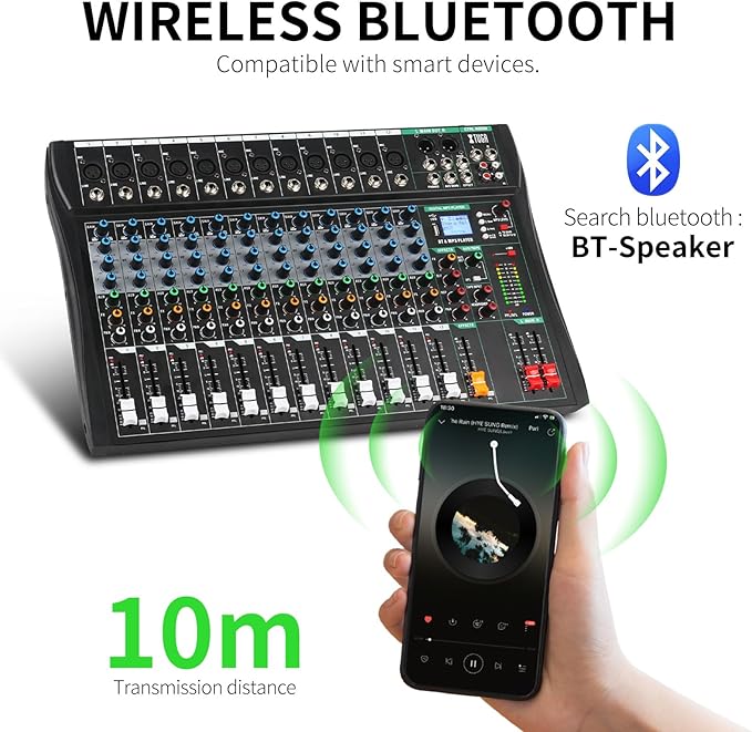 XTUGA 12 Channel Audio Mixer Sound Board Mixing Console, Audio Interface PC USB Bluetooth with 48V Phantom Digital Effect for DJ Live Recording Studio Karaoke(CT120)