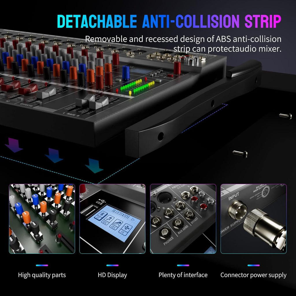 Professional DJ Audio Mixer,NEW BAXS 16 Channel DJ Bluetooth Controller Sound Mixer,USB Interface,16 XLR Mic/Line Input,AUX,FX Processor MP3 Player,+48V Phantom For Karaoke Studio Streaming Recording