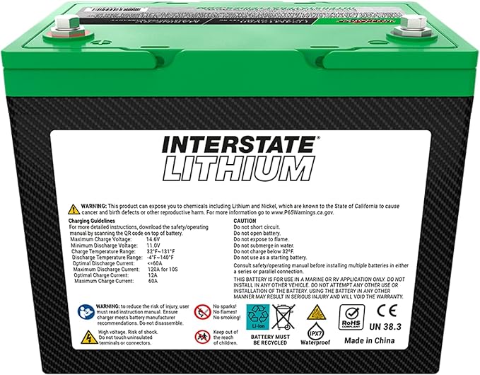 Interstate Batteries 12V 60Ah Group Size 24M Lithium Deep Cycle LiFePO4 Marine/RV Battery, Maintenance Free, Lightweight, Ideal For Boats, RV Camping, Off-Grid, Yachts (Li24M12V60)