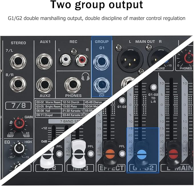 W IN-MIX DX8 Professional DJ Audio Mixer 8 Channel with 99 DSP Effects,7-band EQ,Independent 48V Phantom Power&Mute Button,Bluetooth Function,USB Interface Recording For Studio