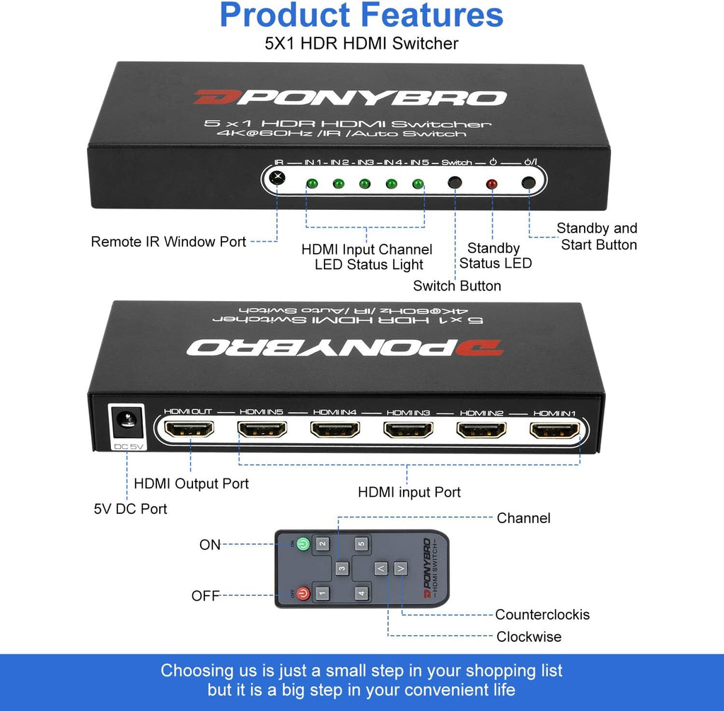 HDMI 2.0 Switch 5 Port 4K@60Hz Auto-Switching – 5 in 1 Out with Remote, HDR10, 3D, Ultra HD for PS5/Xbox/PC/Fire TV, Zero Delay