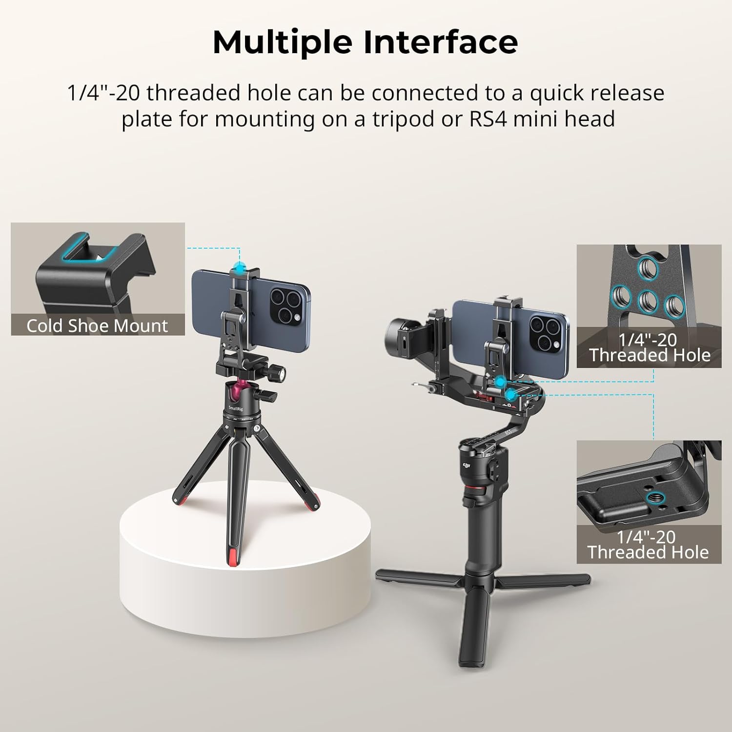 SMALLRIG Metal Phone Tripod Mount, Cell Phone Mount with Quick Release Adapter for Arca-Swiss, Multifunctional Phone Holder for Arca-Type Tripod, for DJI RS 3 Mini Stabilizer, for iPhone - 4611