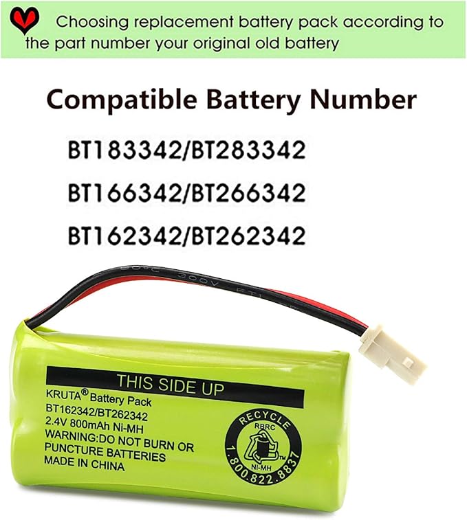 Kruta BT166342 BT266342 Battery 2.4V 800mah Replacement Battery Pack Compatible with for BT183342 BT283342 BT162342 BT262342 VTech CS6114 CS6419 CS6719 at&T EL52300 CL80111 Cordless Phone (Pack 4)