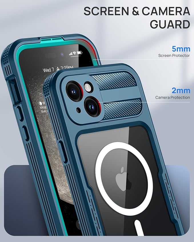 Lanhiem Magnetic for iPhone 15 Plus Case, IP68 Waterproof Dustproof Case, [Compatible with Magsafe] [Built-in Screen Protector] Full Body Heavy Duty Rugged Phone Cover 6.7 inch, Blue/Clear