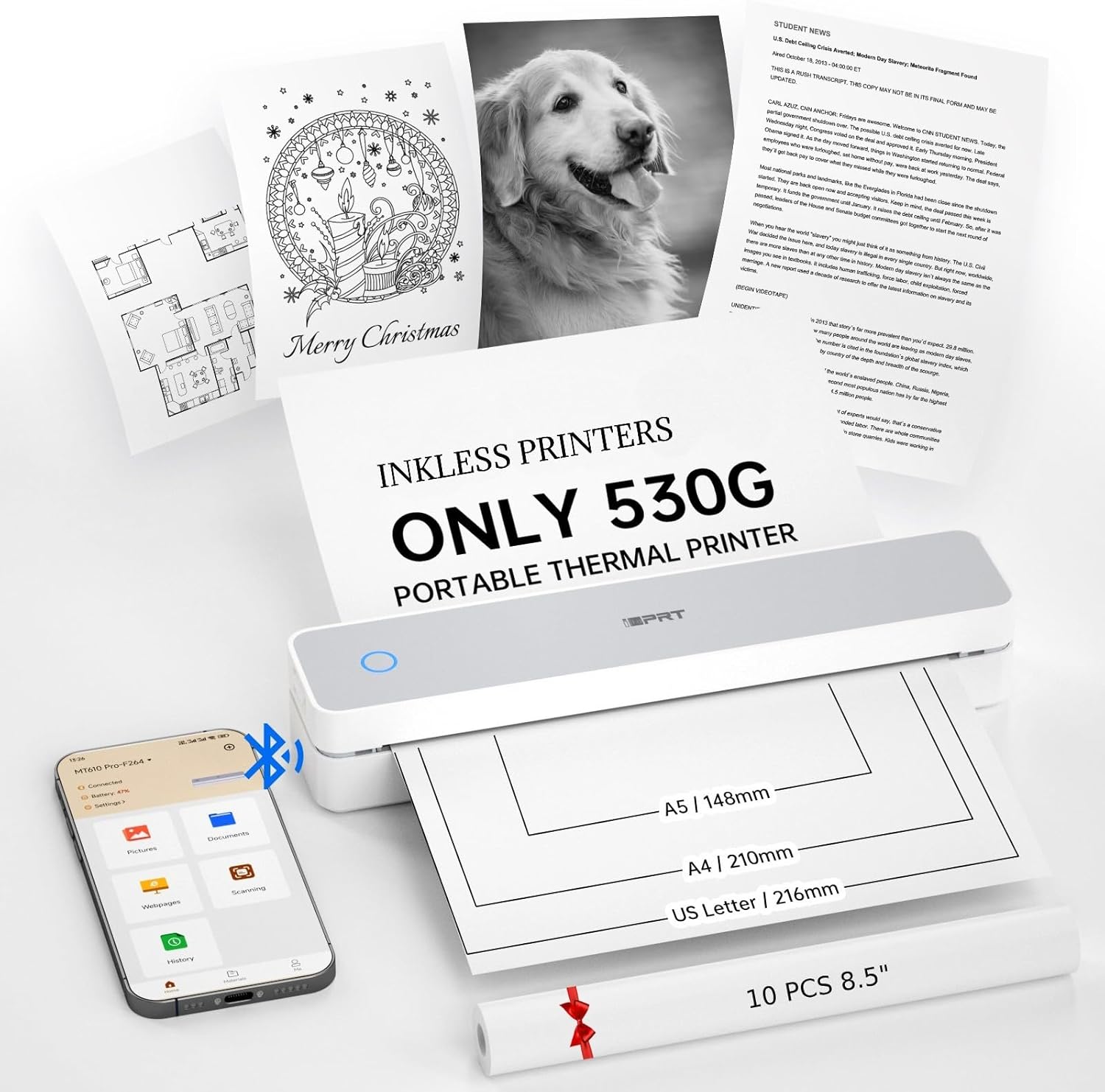 iDPRT Portable Thermal Printer,203DPI Wireless Bluetooth Small Printers for Travel,Office,Vehicles,Support 8.5" x 11" US Letter&A4 A5 Size, Compatible with Smartphone & Laptop