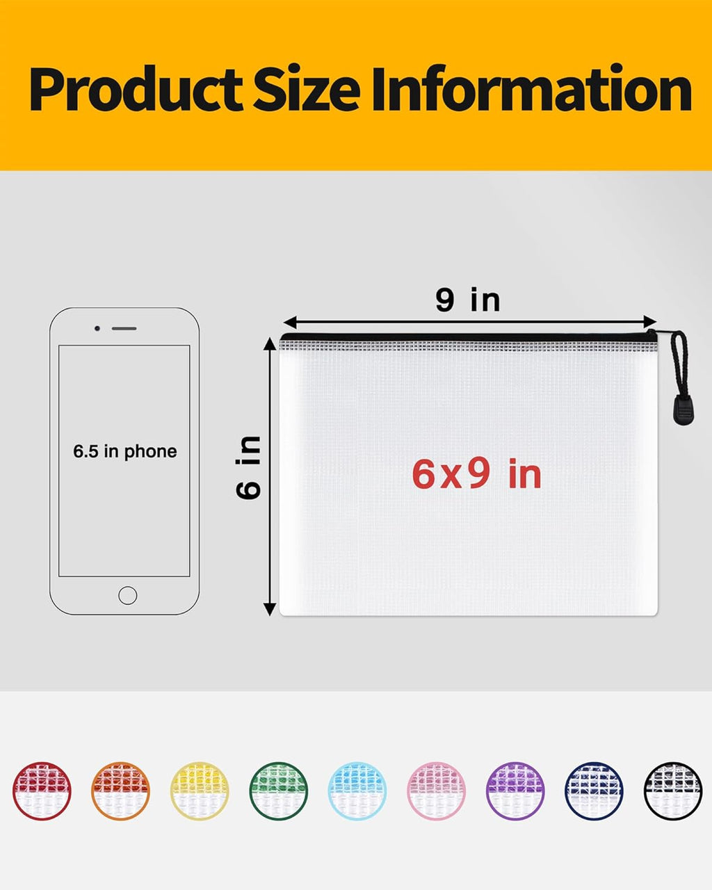 SUNEE Plastic Mesh Zipper Pouch 6x9 in (9 Colors, 18 Packs),Extra Large Water-Resistant Zip Bag for School Office Supplies, Puzzles & Games Organizing Storage