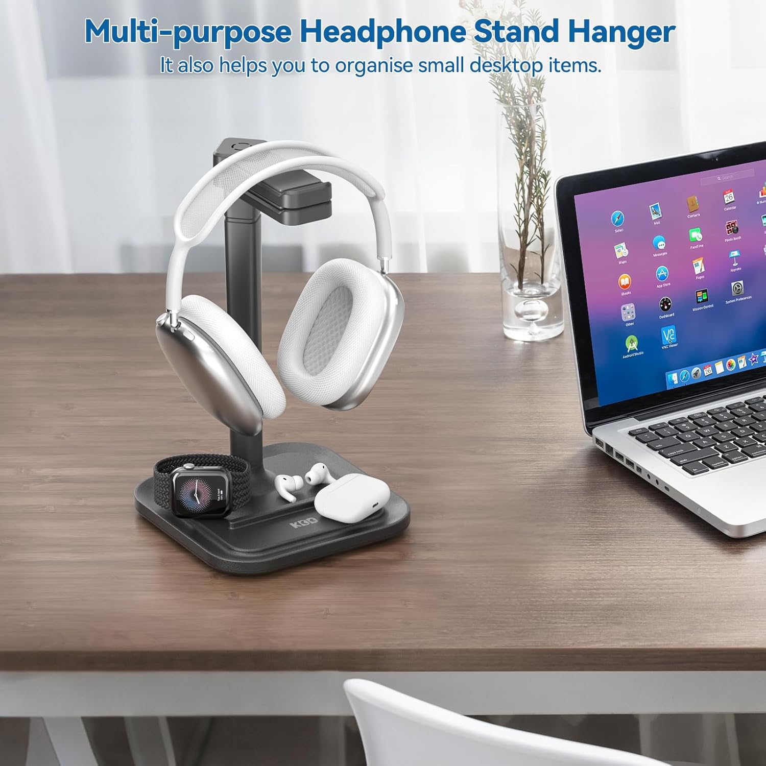 KDD Dual Headphone Stand for Desk - Rotatable Headset Hanger with Phone Holder - Removable Non-Slip Base for Gamers Desktop Accessories
