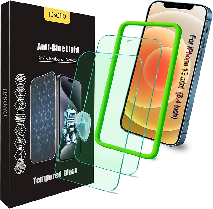 Screen Protector for iPhone 12 Mini (5.4"),Eye Protection, HD Anti Blue Light Blocking Tempered Glass Film, Case Friendly, No Bubble,with Easy Installation Kit, 2 Pack