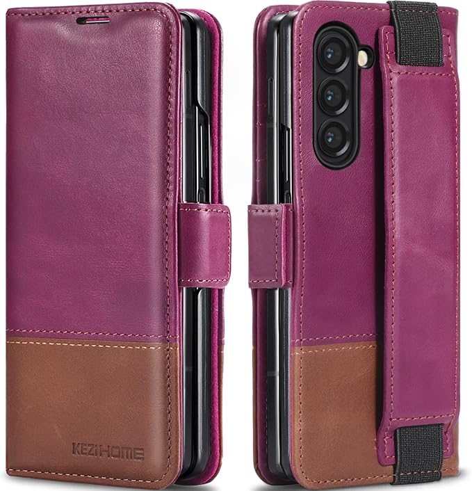KEZiHOME for Samsung Galaxy Z Fold 6 Case, Genuine Leather Wallet Case [RFID Blocking] with Card Holder Stand Folio Protective Phone Cover Compatible with Galaxy Z Fold 6 5G (Purple/Brown)