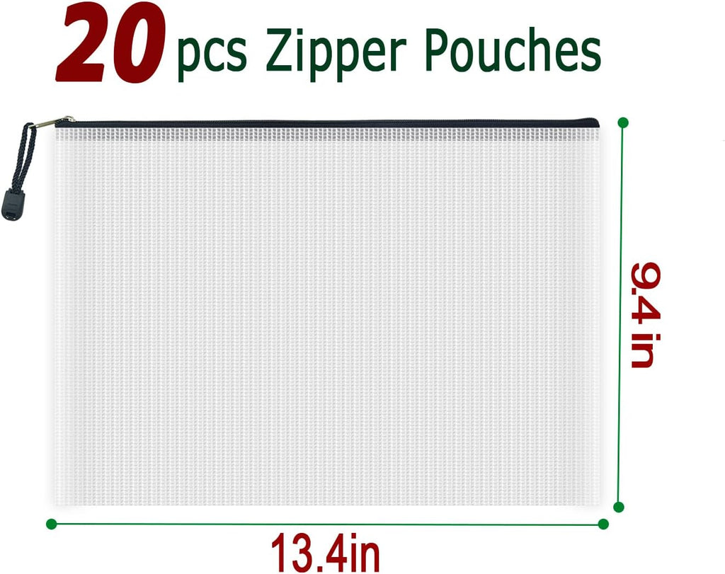 AUSTARK 20 Pcs Zipper File Bags, Plastic Mesh Pouch, Board Game Storage Bag, Waterproof Bags for Office School (A4 Size 13.4''x9.4'', White and Black)