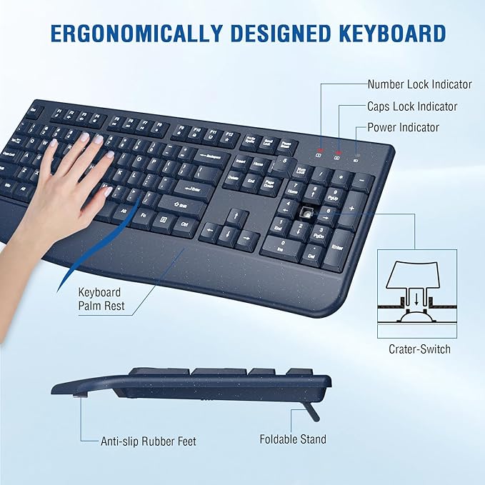 Wireless Keyboard and Mouse Combo, EDJO 2.4G Full-Sized Ergonomic Computer Keyboard with Wrist Rest and 3 Level DPI Adjustable Wireless Mouse for Windows, Mac OS Desktop/Laptop/PC(Galaxy Blue)