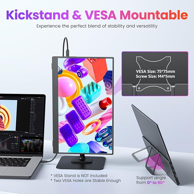 Portable Monitor 15.6 Inch FHD 1080P HDR IPS Travel Monitor with Speakers HDMI USB-C Second Screen for MacBook Laptop Surface Xbox PS4/5, External Display with Kickstand, VESA Compatible