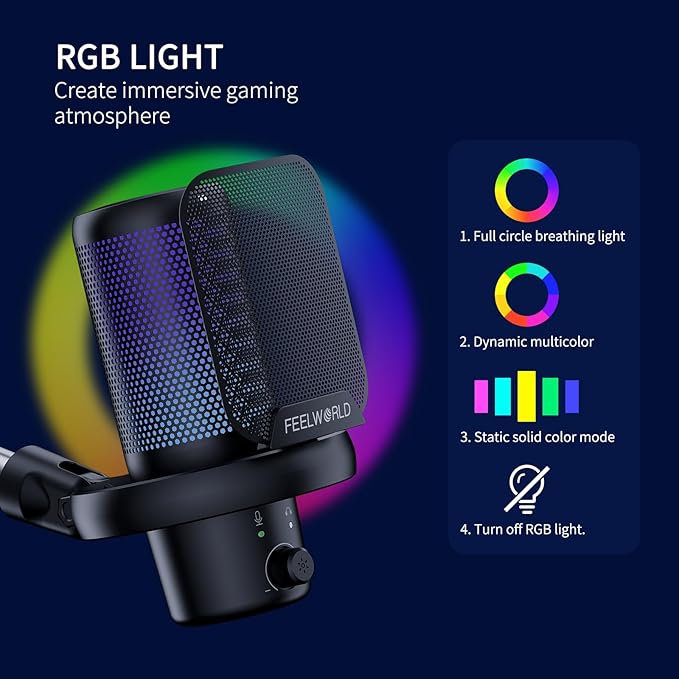 FEELWORLD VM1 Gaming PC USB Microphone Condenser Mic with Noise Cancellation Mute RGB Light, Computer Accessories Gifts for Gamer YouTube Twitch Podcast Streaming Recording Online Chat PS4 PS5