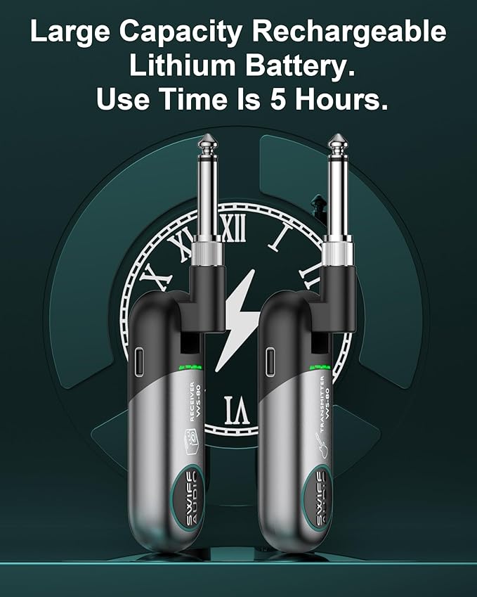 Wireless Guitar System, SWIFF Wireless Guitar Transmitter Receiver with 10 Channels, Dual Interface Design Guitar Wireless System for 6.35mm/3.5mm Audio Devices