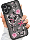 AIGOMARA Case for iPhone 16 [Compatible with MagSafe] Cute Butterfly Pink Flower Floral Pattern Soft TPU Bumper Hard PC Back Anti-Fall Shockproof Protective Slim Magnetic Cover for Women Girls