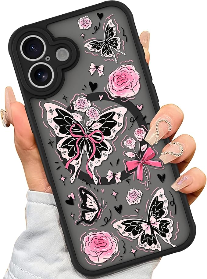 AIGOMARA Case for iPhone 16 Plus [Compatible with MagSafe] Cute Butterfly Pink Flower Floral Pattern Soft TPU Bumper Hard PC Back Anti-Fall Shockproof Protective Slim Magnetic Cover for Women Girls